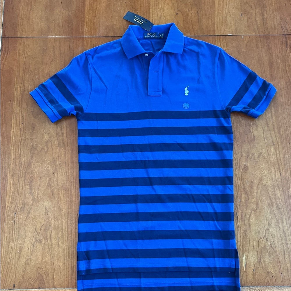NWT Polo by Ralph Lauren Men's Cotton Mesh Polo Shirt. Royal/Navy Blue Stripes. - Picture 5 of 16